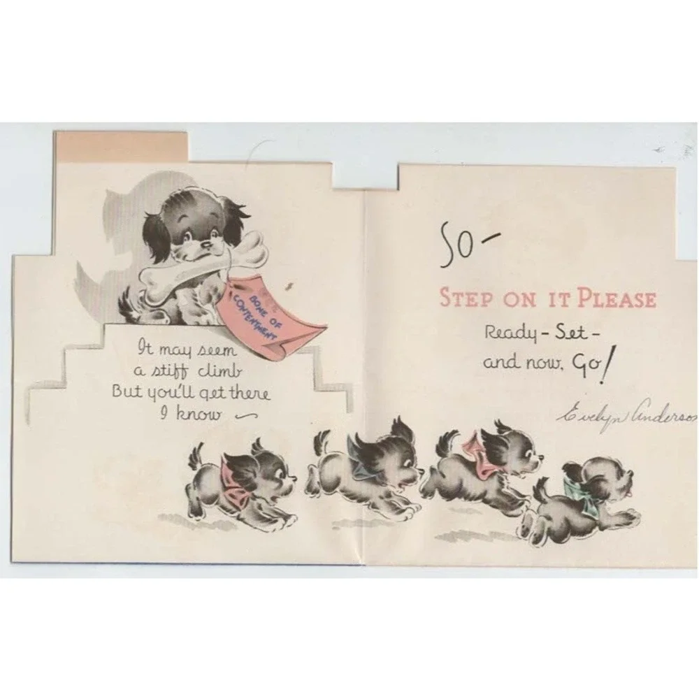 Vintage 1950s Get Well Card Puppy Die Cut Evelyn Anderson Retro Ephemera